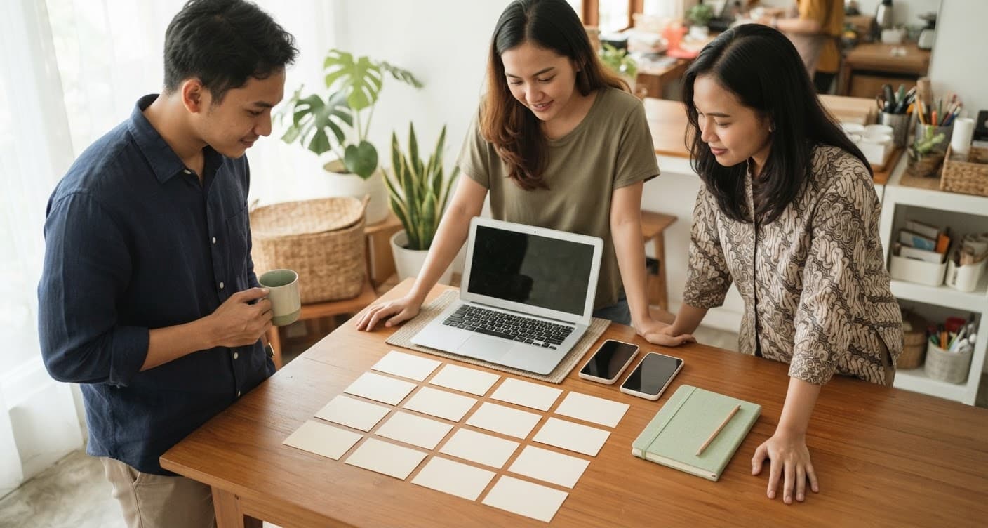 Tim kecil merencanakan konten media sosial dengan kartu ide dan laptop