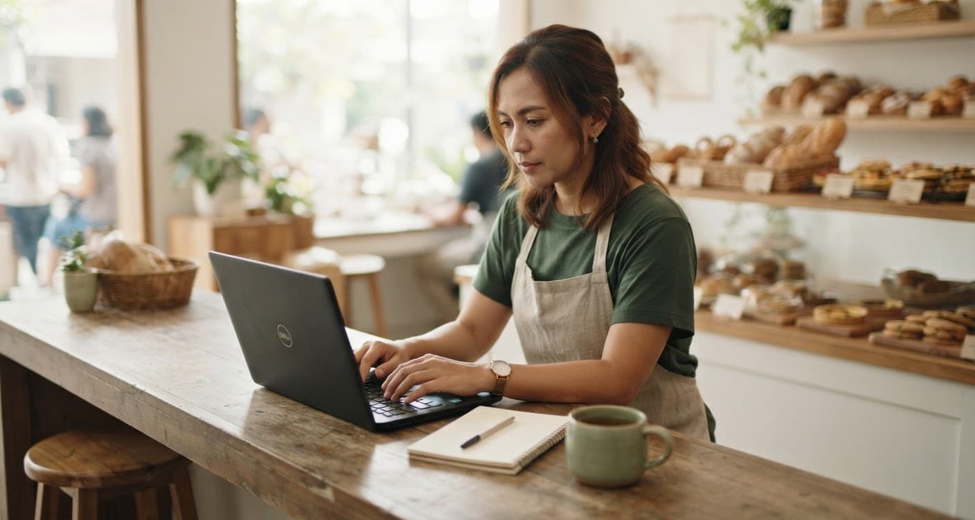 Pemilik toko roti sedang riset keyword di laptop