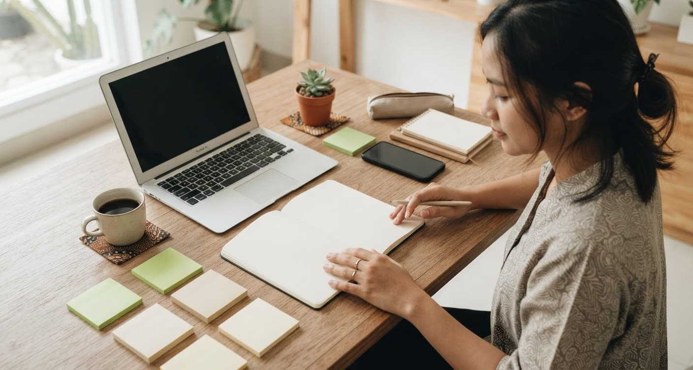 Perempuan menyusun rencana konten di buku catatan di samping laptop dan sticky notes