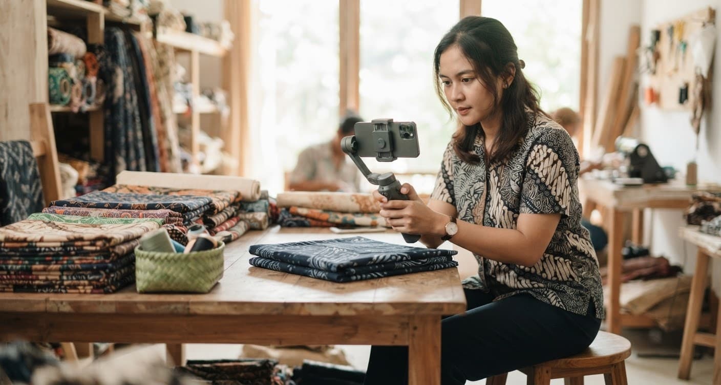 Pemilik toko kain merekam video promosi dengan ponsel dan gimbal