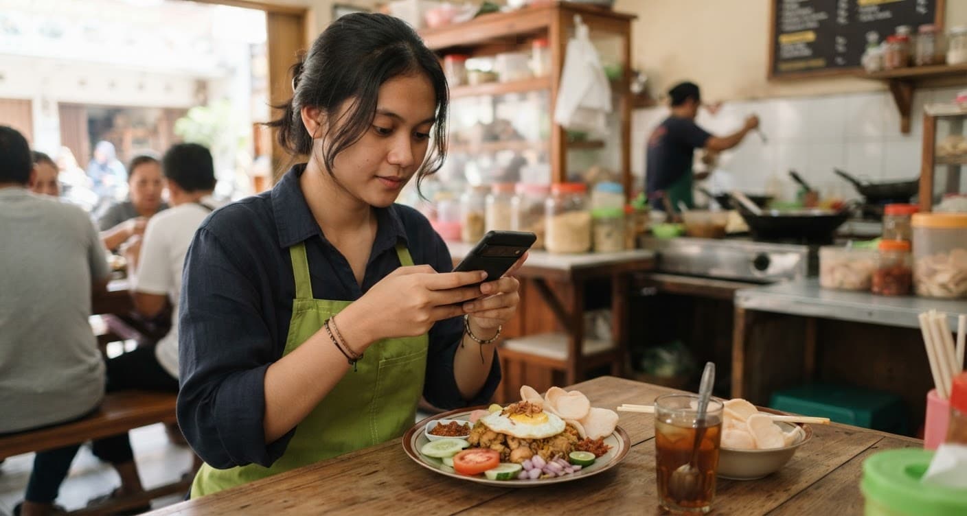 Pemilik warung makan memotret hidangan dengan ponsel untuk Instagram